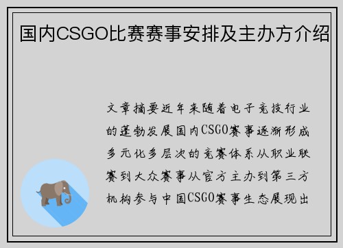 国内CSGO比赛赛事安排及主办方介绍