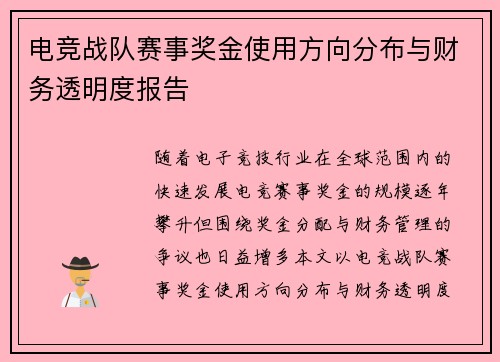 电竞战队赛事奖金使用方向分布与财务透明度报告
