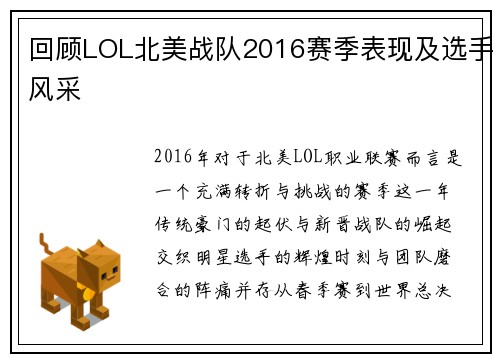 回顾LOL北美战队2016赛季表现及选手风采